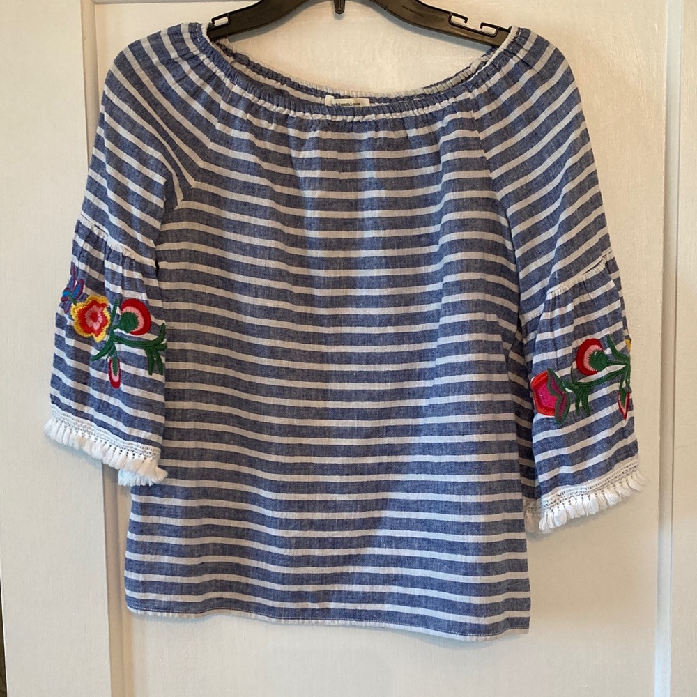 beachlunchlounge Blue Striped Blouse with Colorful Embroidery